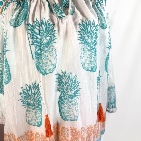 Crown & Ivy Womens Med Pineapple Shirt White with Green Pineapple Orange Fringe - Picture 4 of 9